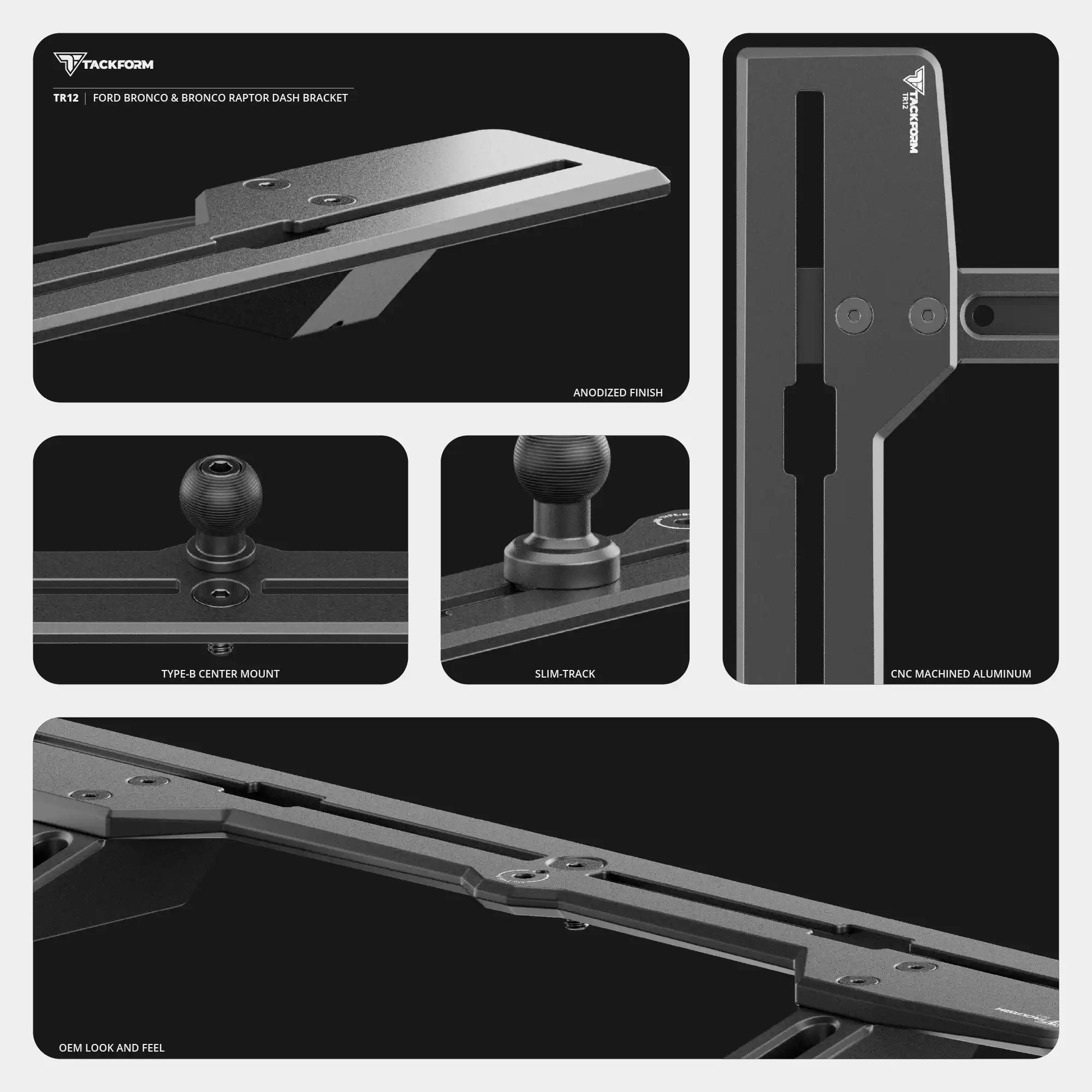 2021+ Ford Bronco & Bronco Raptor (Non-Sport) Tackform Slim Track Dash Bracket With MagSafe Phone Mount