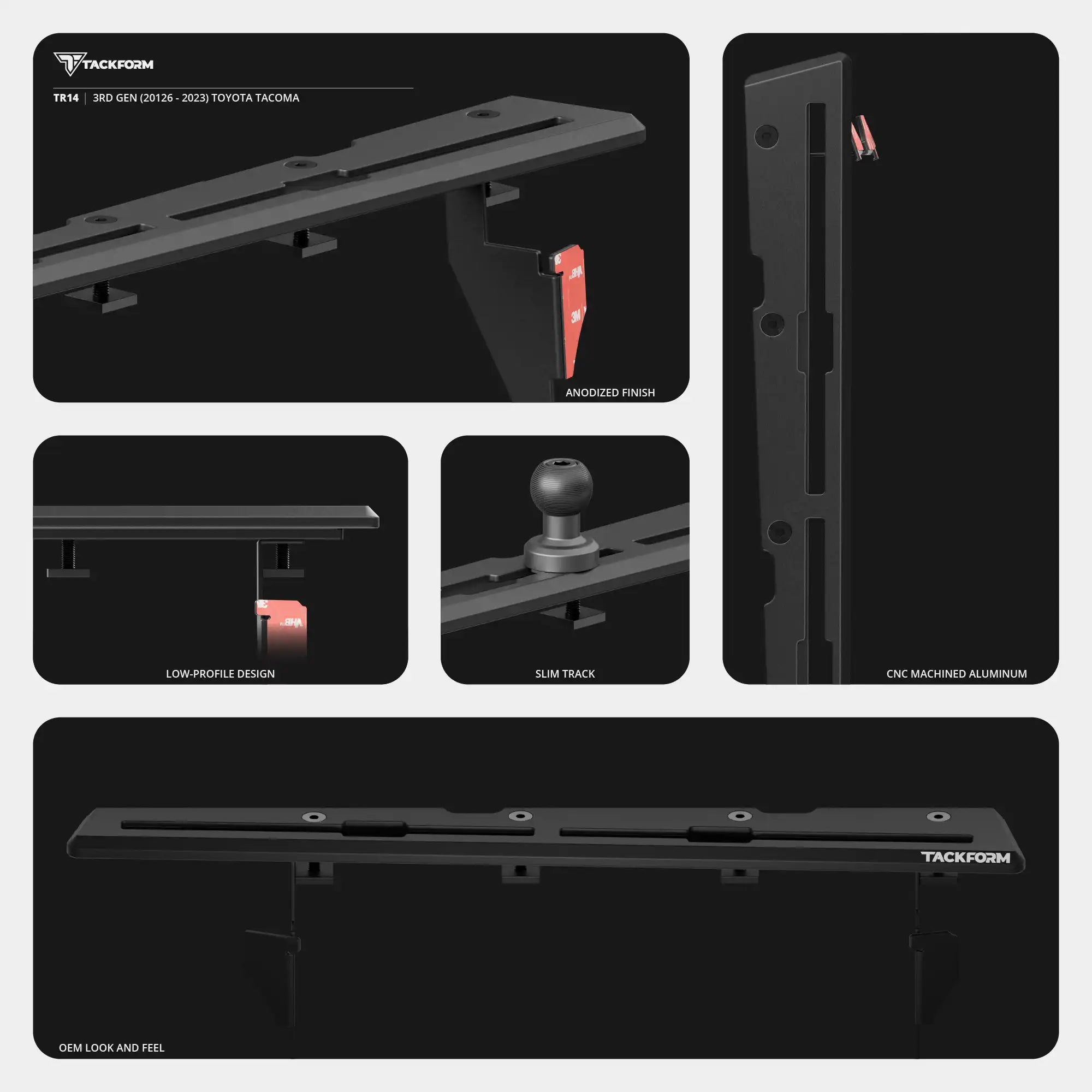 2016-2023 Toyota Tacoma Tackform Slim Track Dash Bracket With Dual 20LITE Phone Mounts
